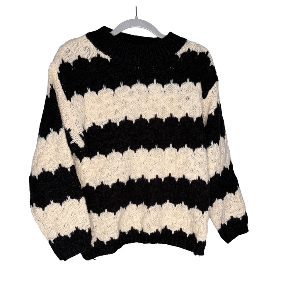 Line and Dot Black Cream Striped Chunky Knit Sweater XS LT4225W